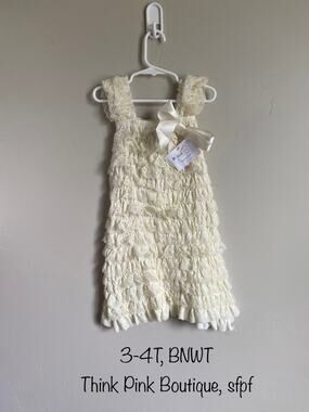 NWT Think Pink Bowtique Petti Cream Lace Dress- Size 3-4t